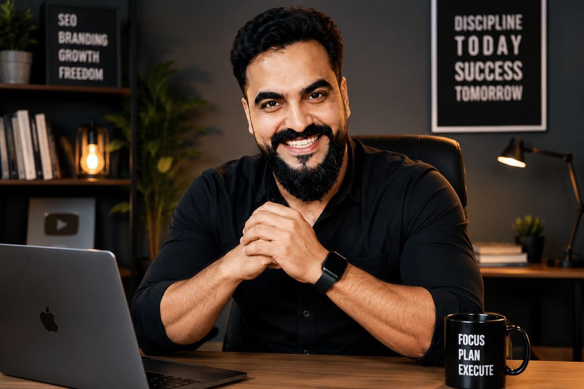 Naveed Ganatra working at his desk in Karachi